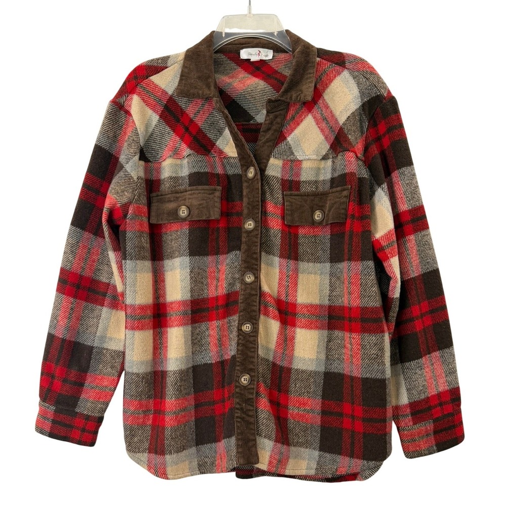 Perfectly Priscilla Medium Red Plaid Shacket Brown Corduroy Trim Flannel Jacket